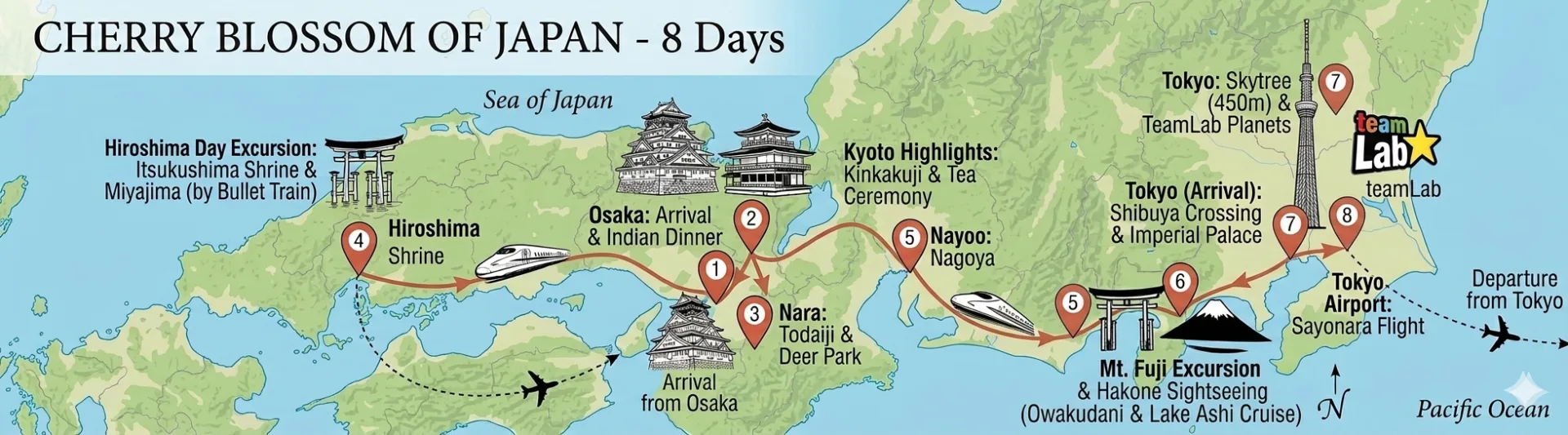 Route Map — Cherry Blossom Of Japan - 8 Days