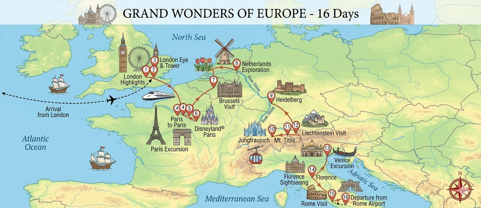 Route Map — Grand Wonders Of Europe  -16 Days
