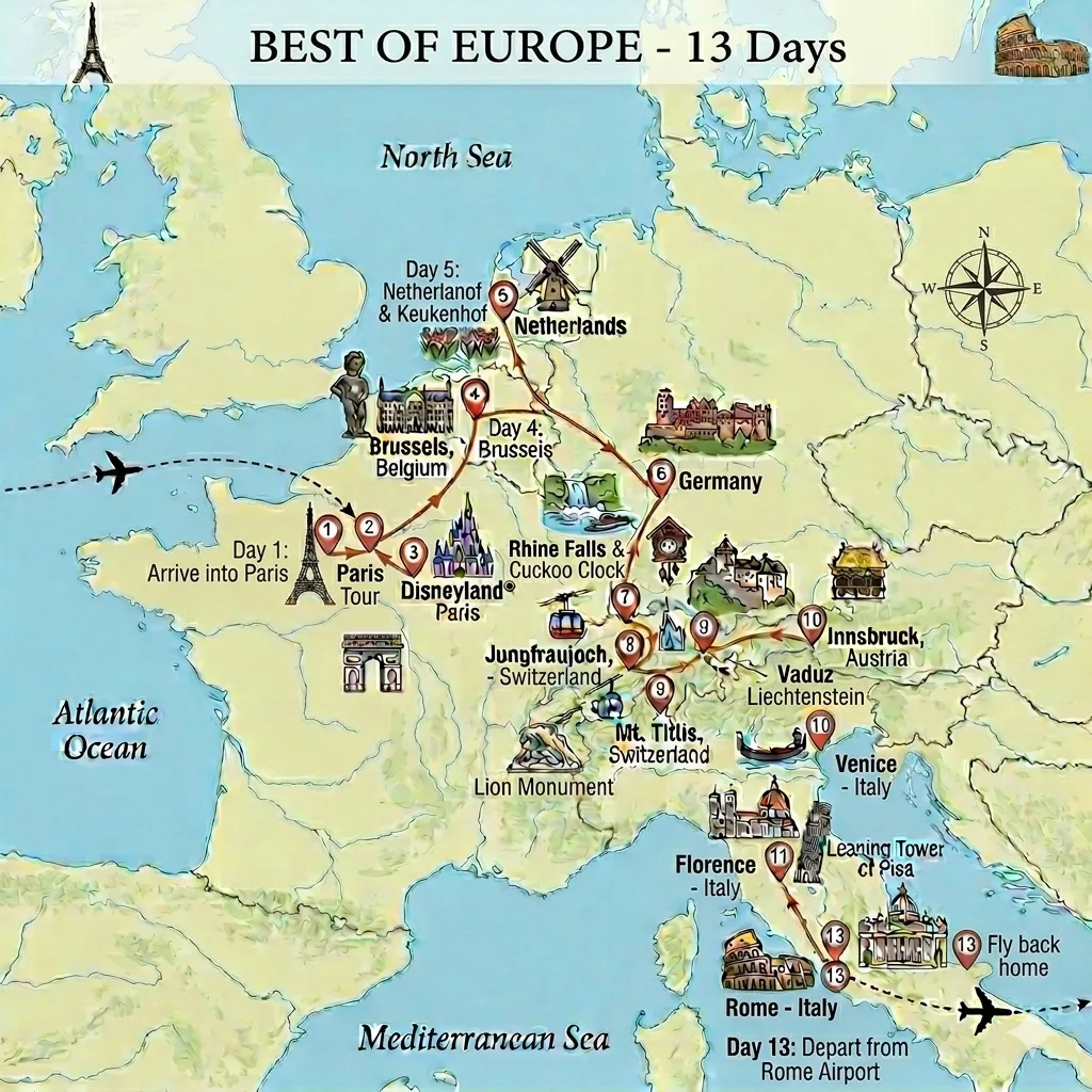 Route Map — Best Of Europe -13 Days