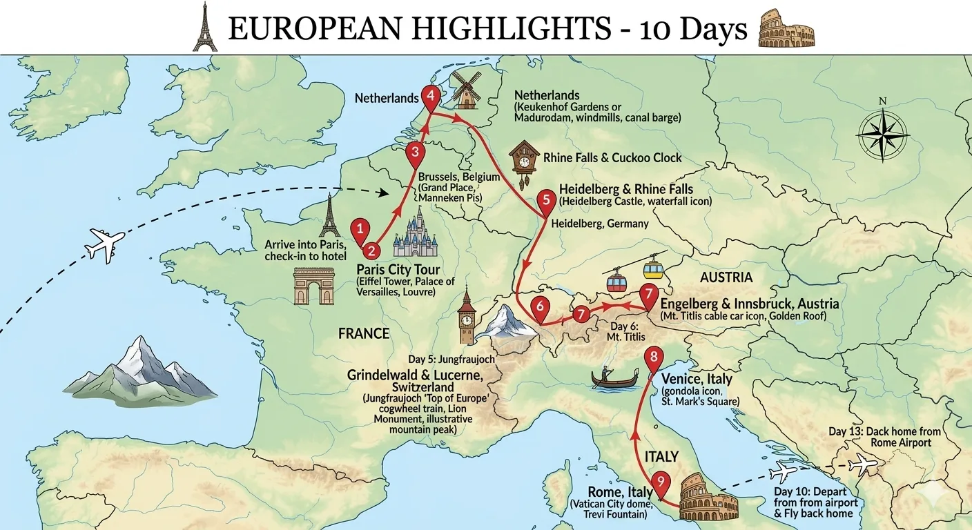 Route Map — European Highlights - 10 Days