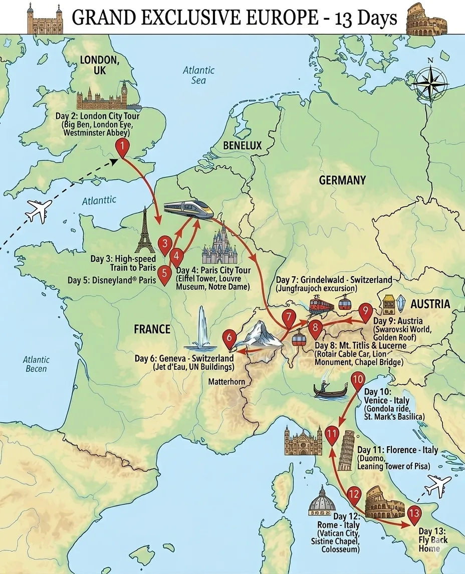 Route Map — Grand Exclusive Europe - 13 Days