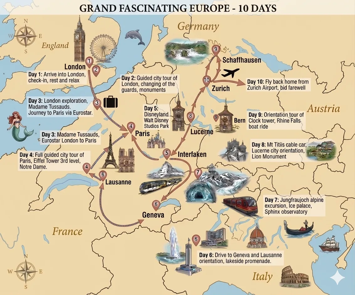 Route Map — Grand Fascinating Europe -  10 Days