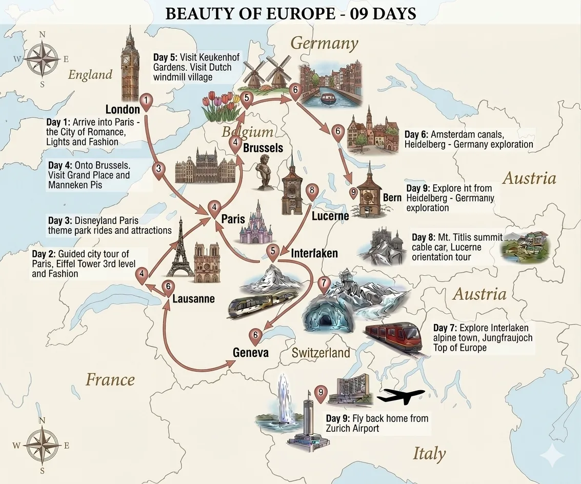 Route Map — Beauty Of Europe - 9 Days
